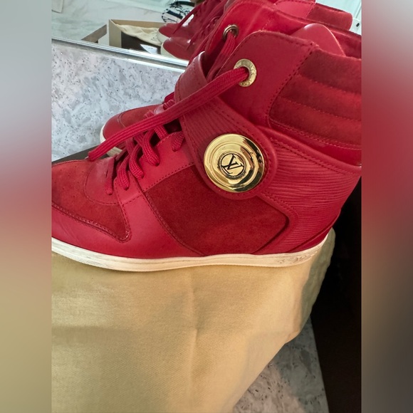Authentic Louis Vuitton red leather and suede high top wedge sneakers - Picture 8 of 9